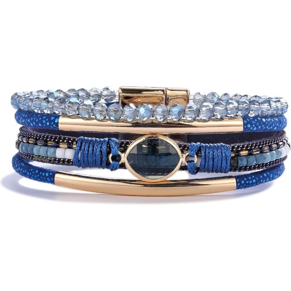 Leather Wrap Bracelet Crystal Beads Boho Cuff Stone Charm Jewelry Women